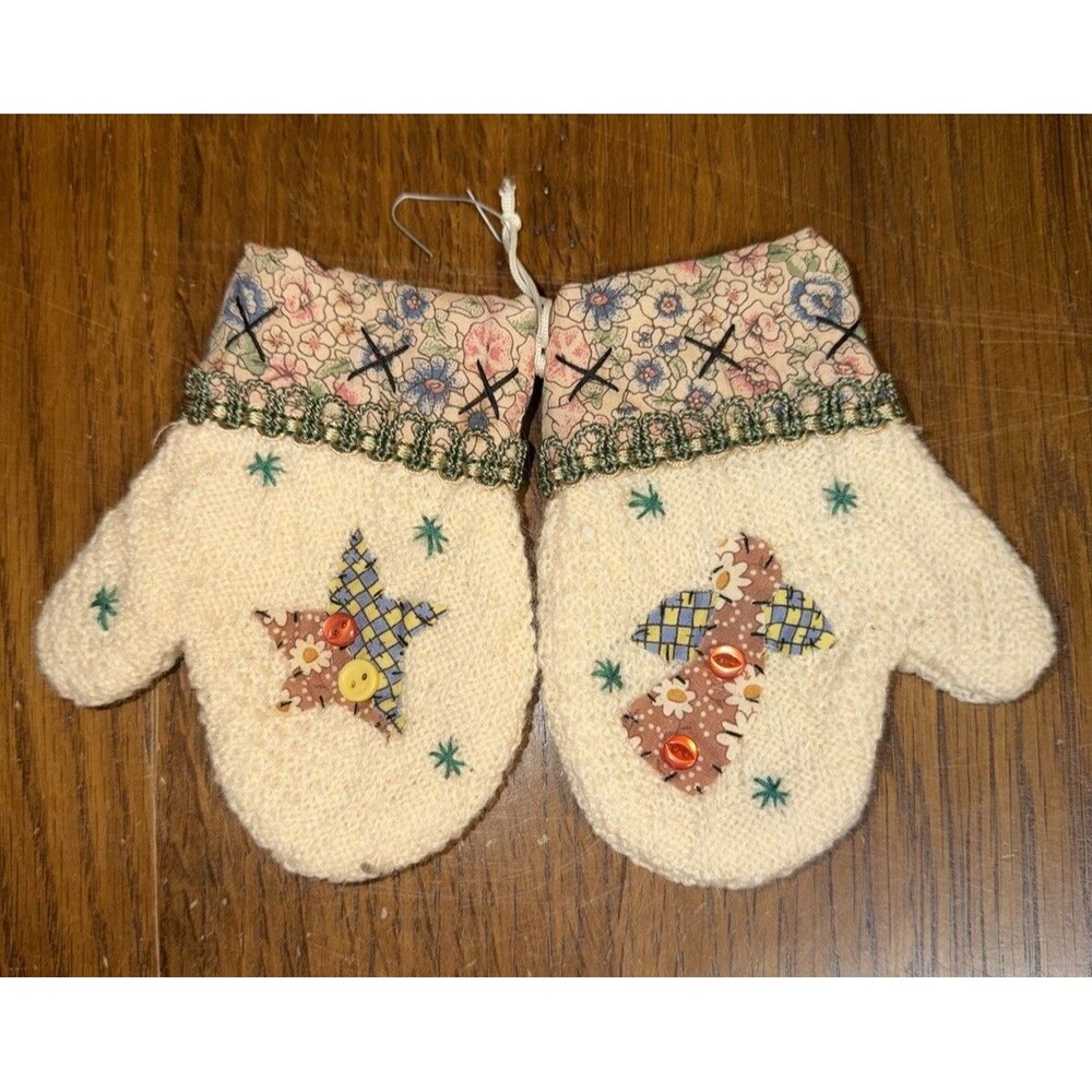 Vtg Primitive Folk Art Wool Mitten Ornaments Patchwork Christmas Decor 2pc